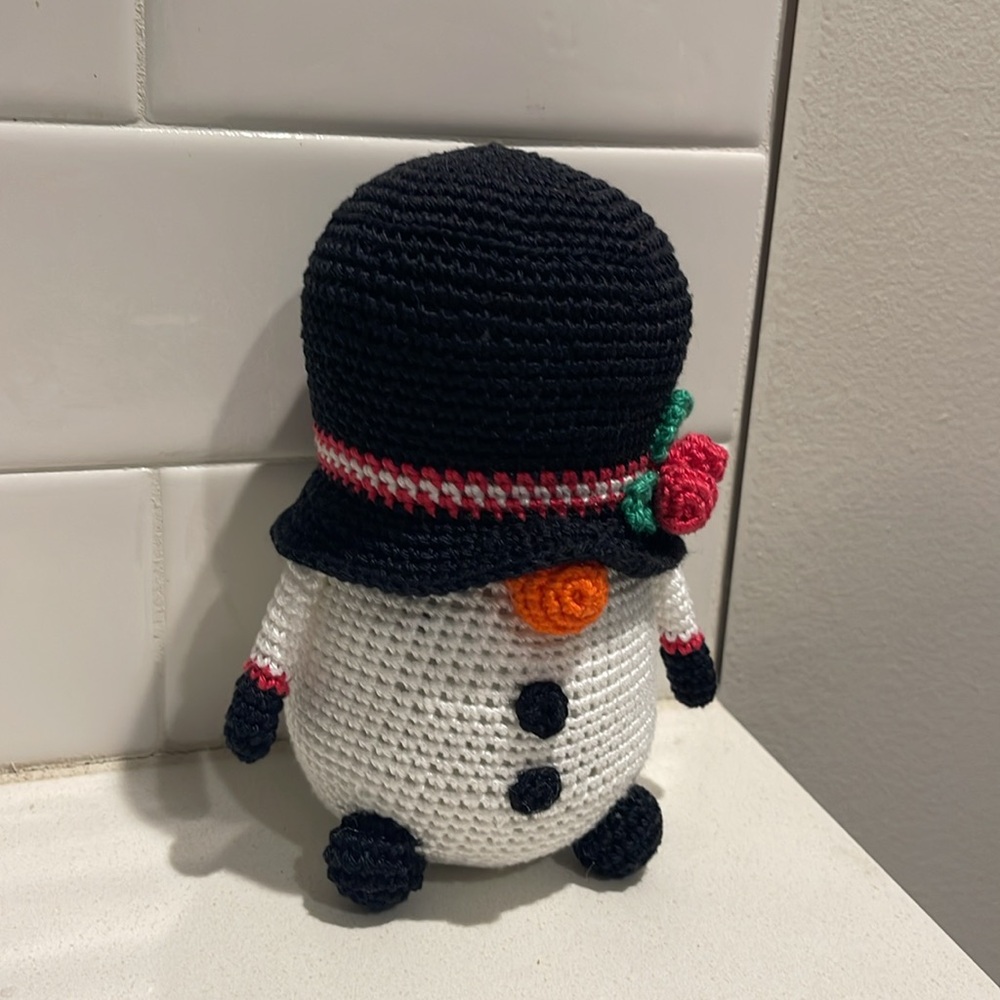 Handcrafted Snowman Gnome with Holly Winter Holiday Seasonal Christmas Crochet - Picture 4 of 10